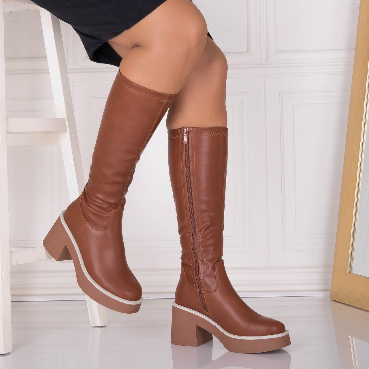 Cizme dama cu toc Camel din Piele Ecologica Vonnie - 1 | YEO