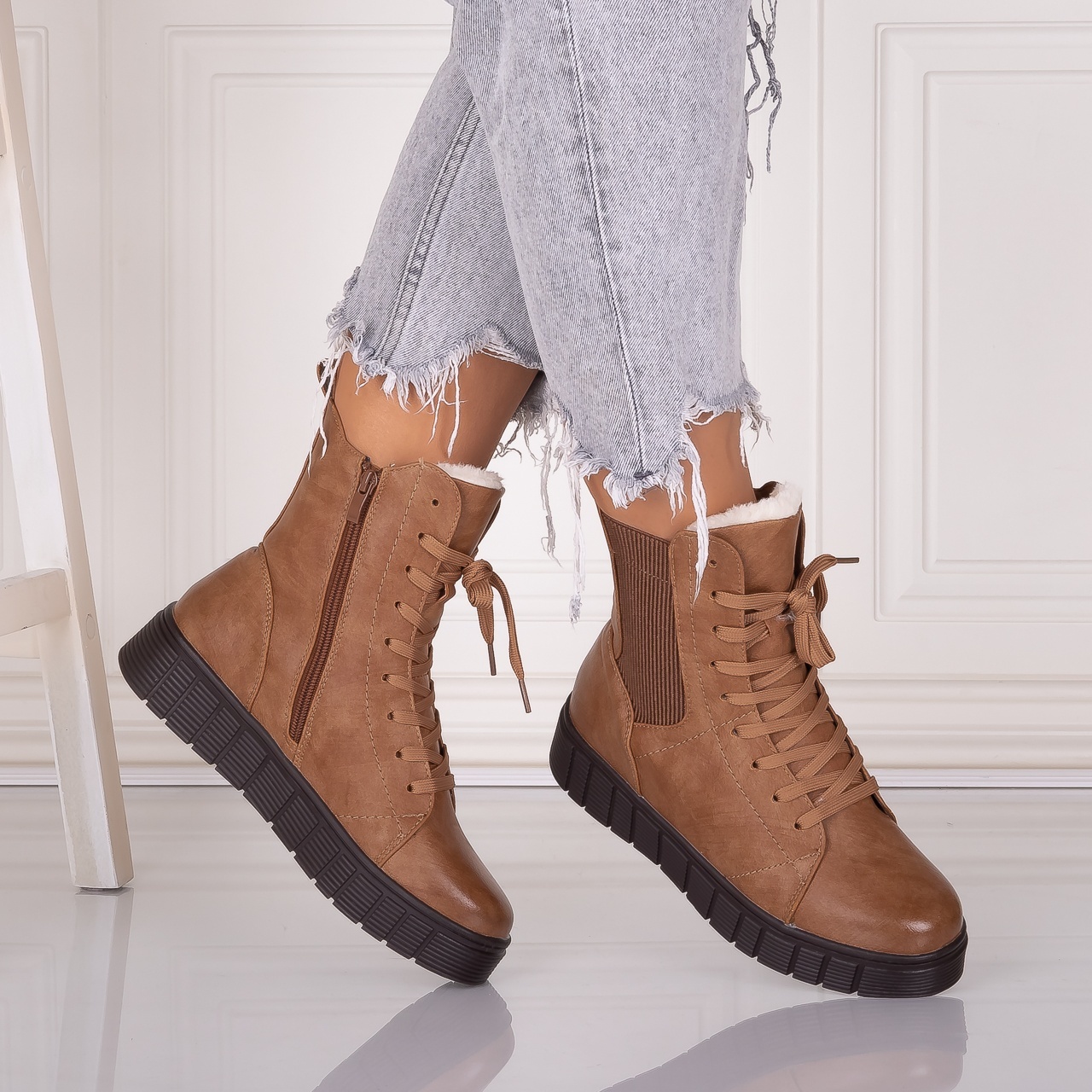 Ghete Dama Imblanite Camel din Piele Ecologica Jameria - 3 | YEO