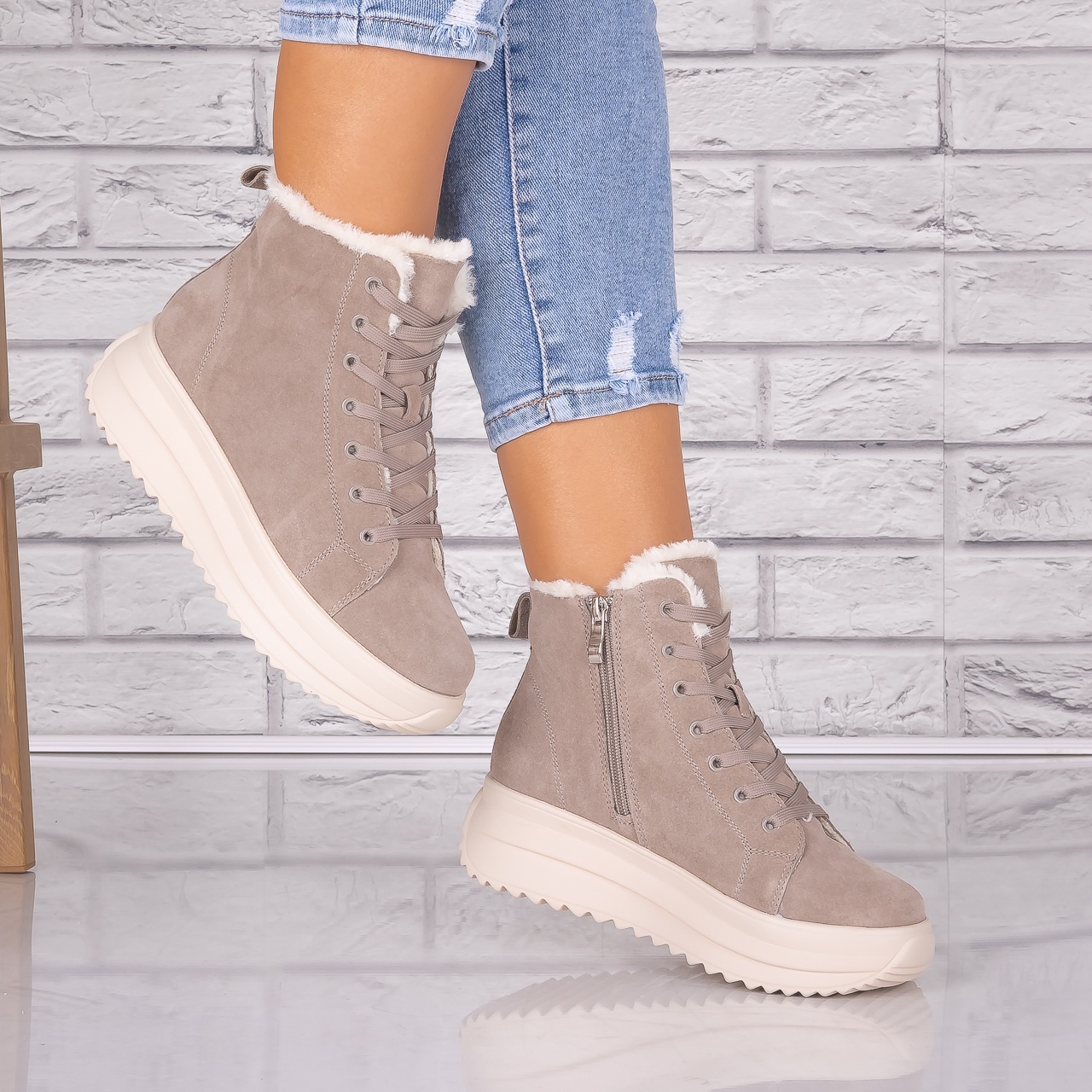 Ghete dama Imblanite Kaki din Piele Naturala Intoarsa Weber - 1 | YEO