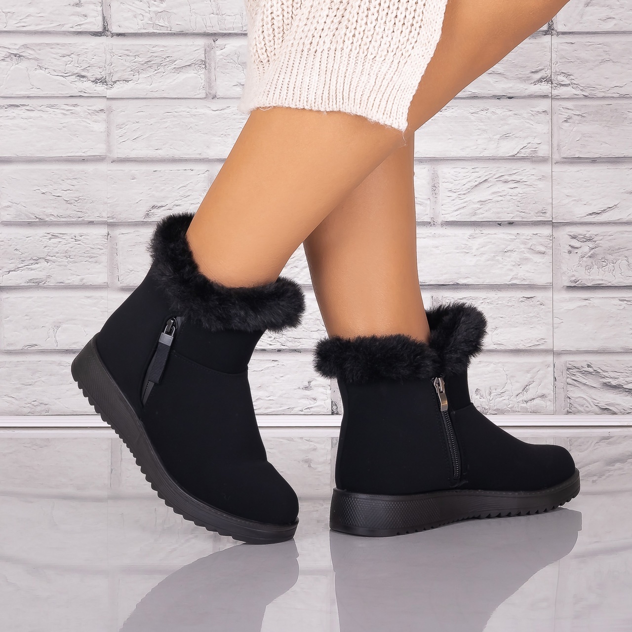 Ghete Dama Imblanite Negre din Piele Ecologica Intoarsa Drema - 1 | YEO