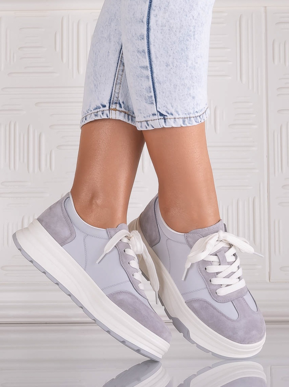 Pantofi dama casual Gri din Piele Naturala Intoarsa si textil Narella - imagine 3