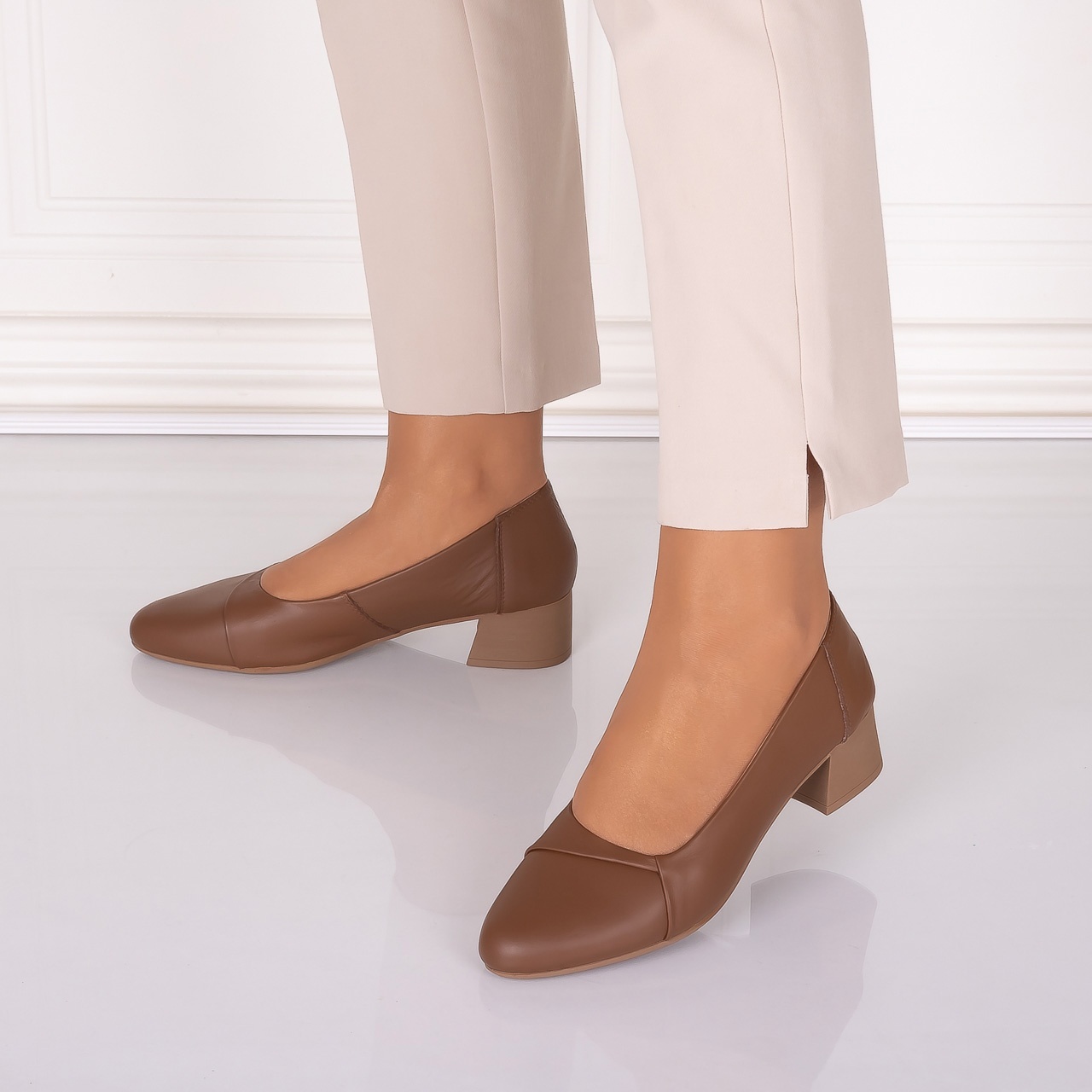 Pantofi dama cu toc Camel din Piele Naturala Rimela - 3 | YEO