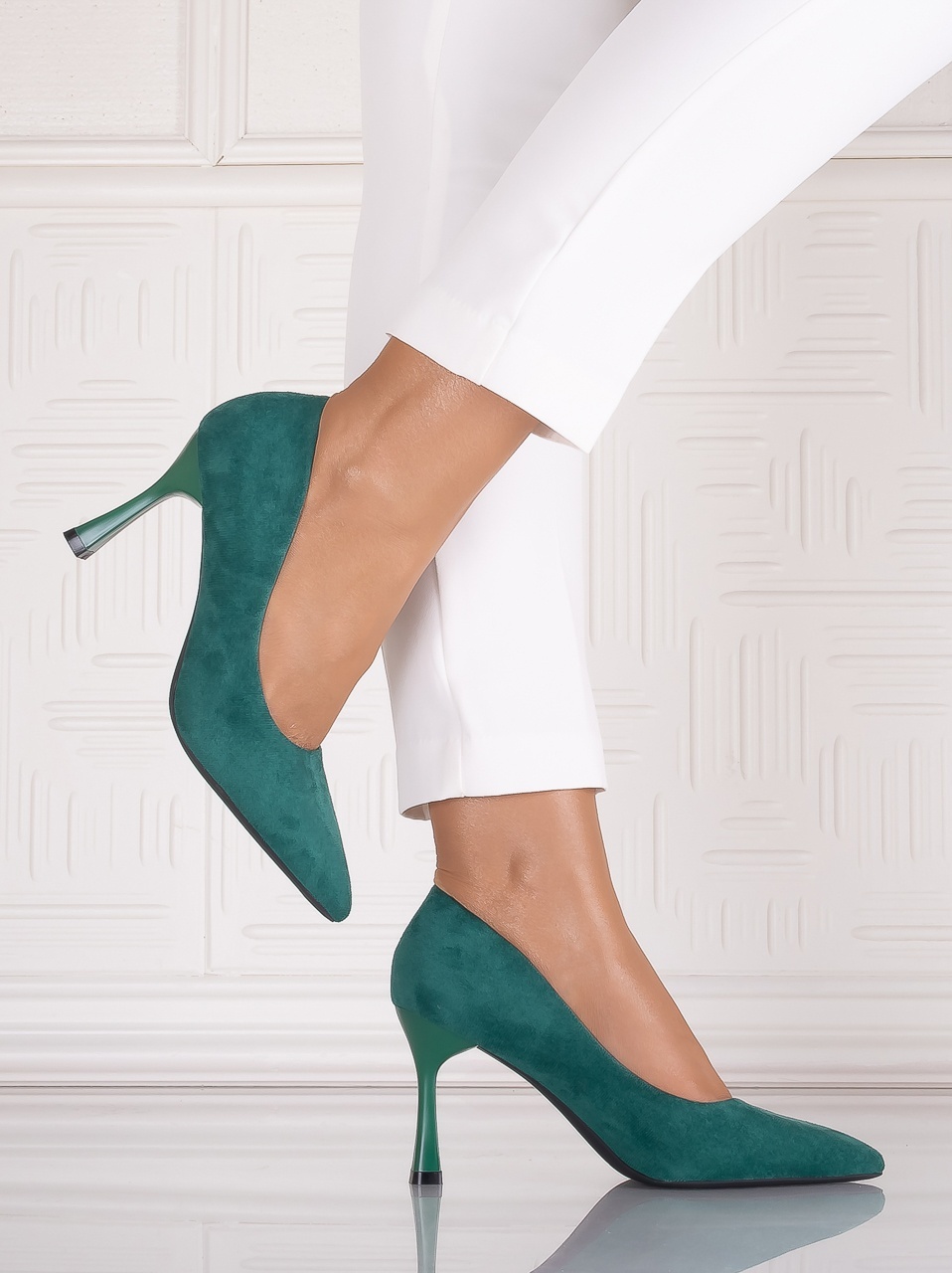 Pantofi dama cu toc Verzi din Piele Ecologica Intoarsa Oansa - imagine 5