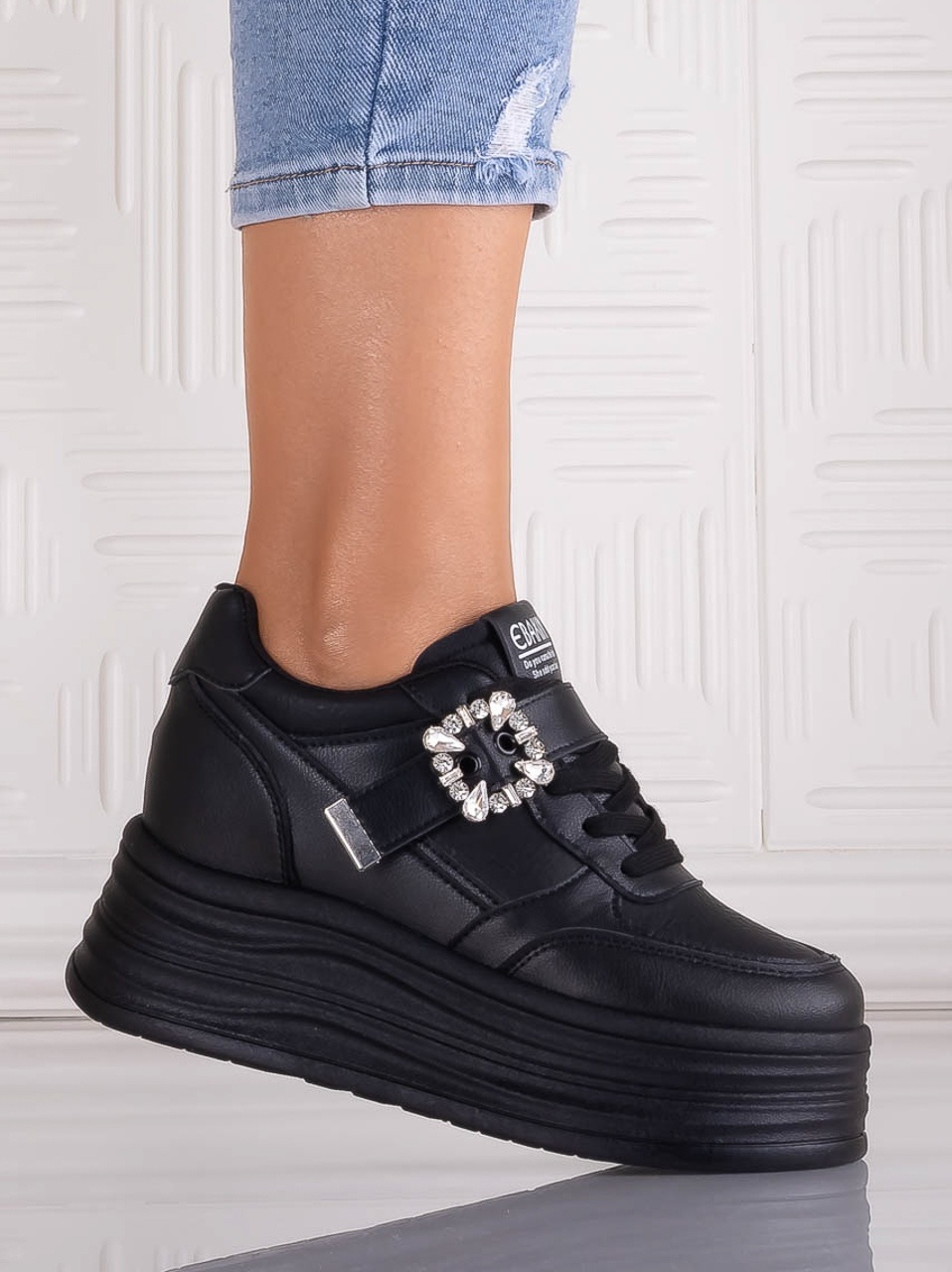 Sneakers dama cu platforma Negri din Piele Ecologica Alorna - imagine 3