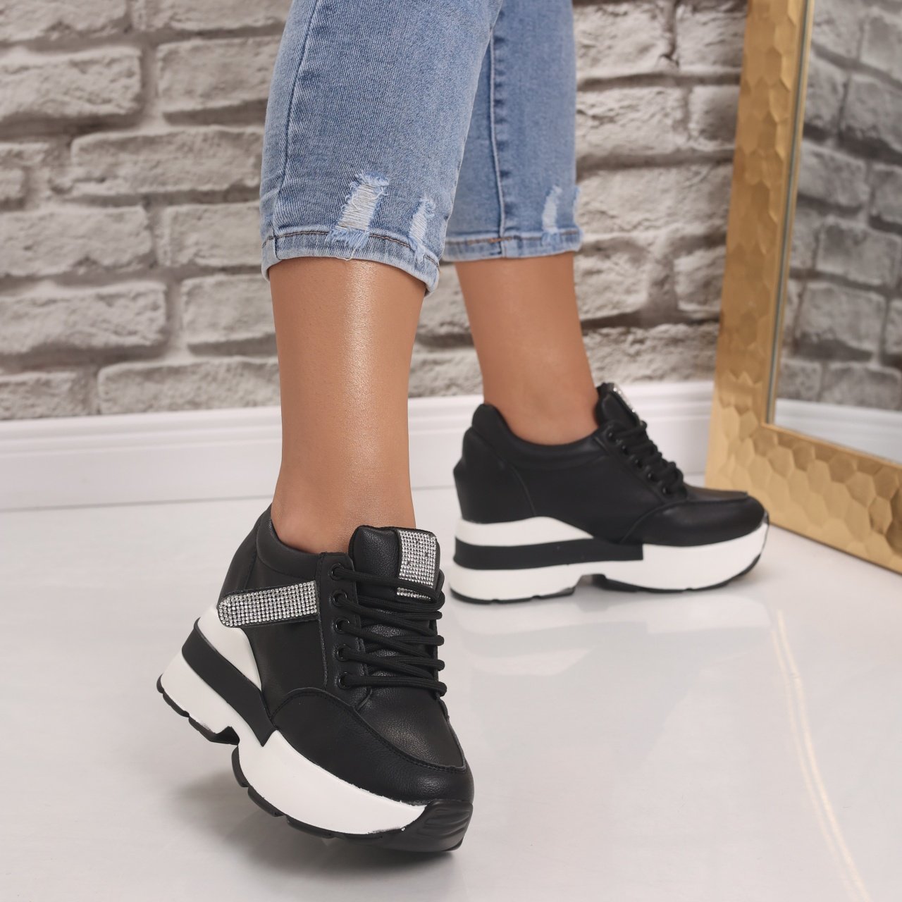 Sneakers dama cu platforma Negri din Piele Ecologica Atola - 1 | YEO