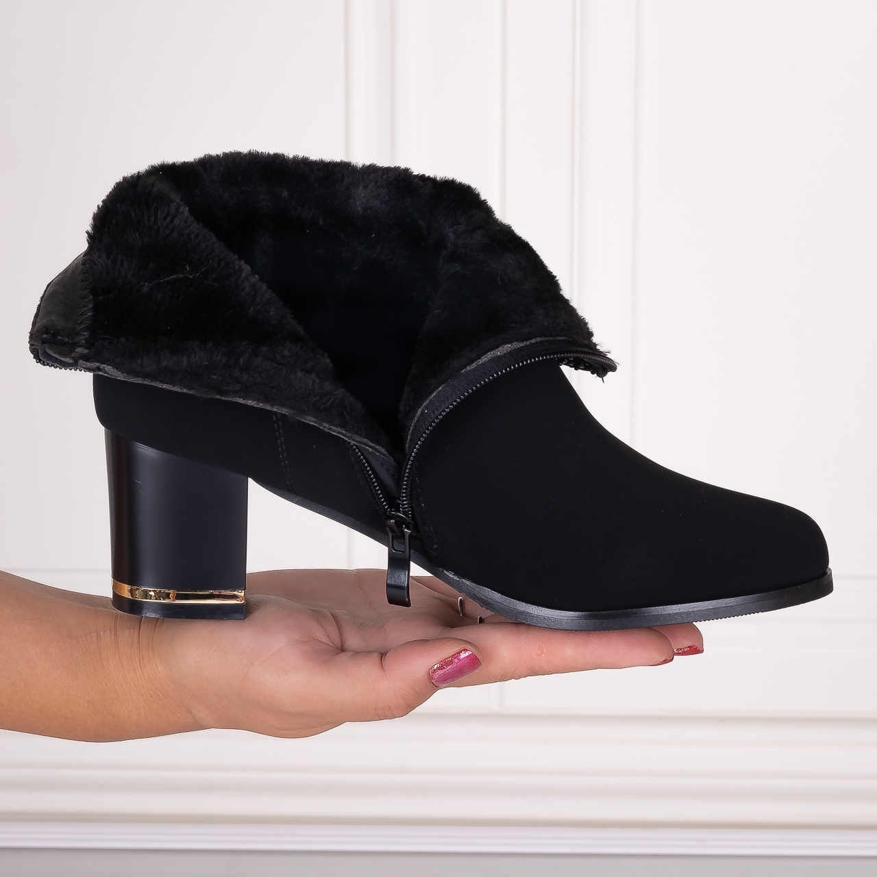 Botine Dama Imblanite cu toc Negre din Piele Ecologica Intoarsa Meldora - 1 | YEO