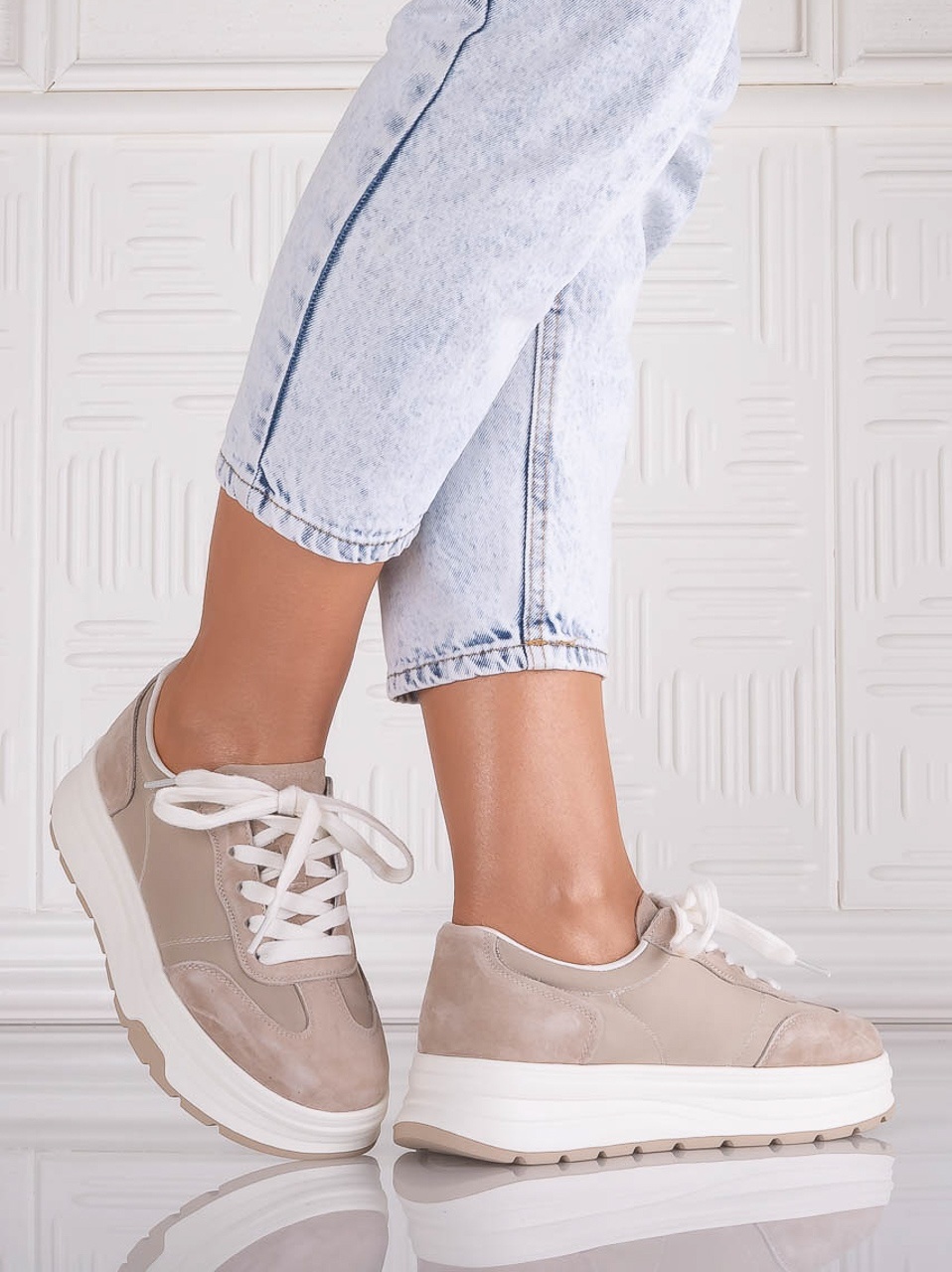 Pantofi dama casual Bej din Piele Naturala Intoarsa si textil Narella - imagine 3