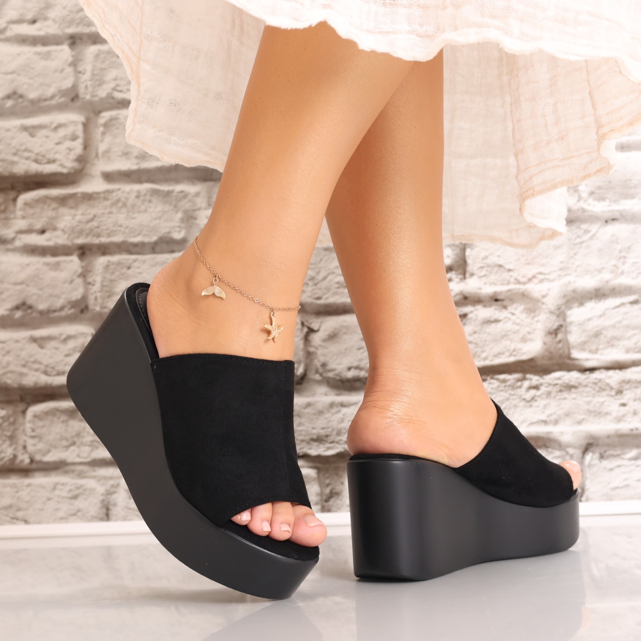 Papuci dama cu platforma Negri din Piele Ecologica Intoarsa Acalva - 1 | YEO