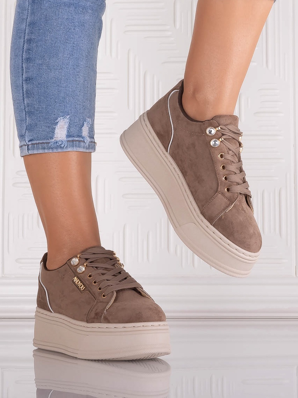 Sneakers dama cu platforma Maro din Piele Ecologica Intoarsa Dalenea - YIYI - imagine 4