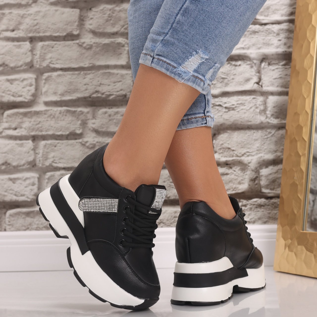 Sneakers dama cu platforma Negri din Piele Ecologica Atola - 2 | YEO