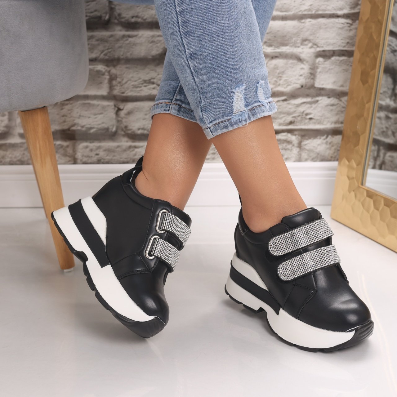 Sneakers dama cu platforma Negri din Piele Ecologica Vinita - 1 | YEO