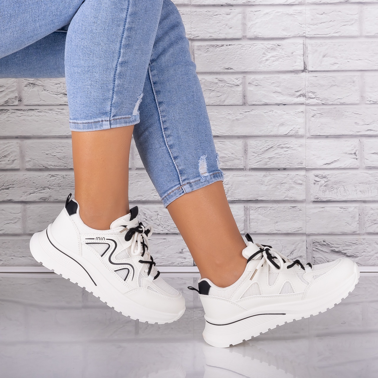 Adidasi dama Bej/negru din Piele Eco/ Textil Avena - 1 | YEO