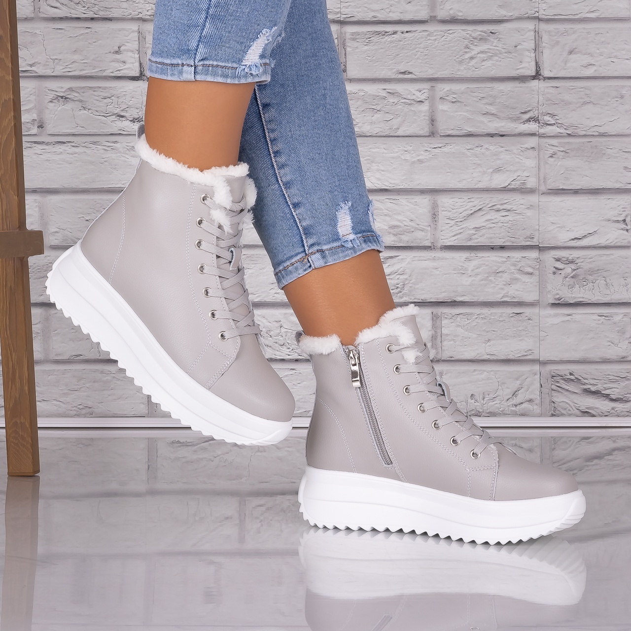 Ghete dama Imblanite Gri din Piele Naturala Weber - 1 | YEO