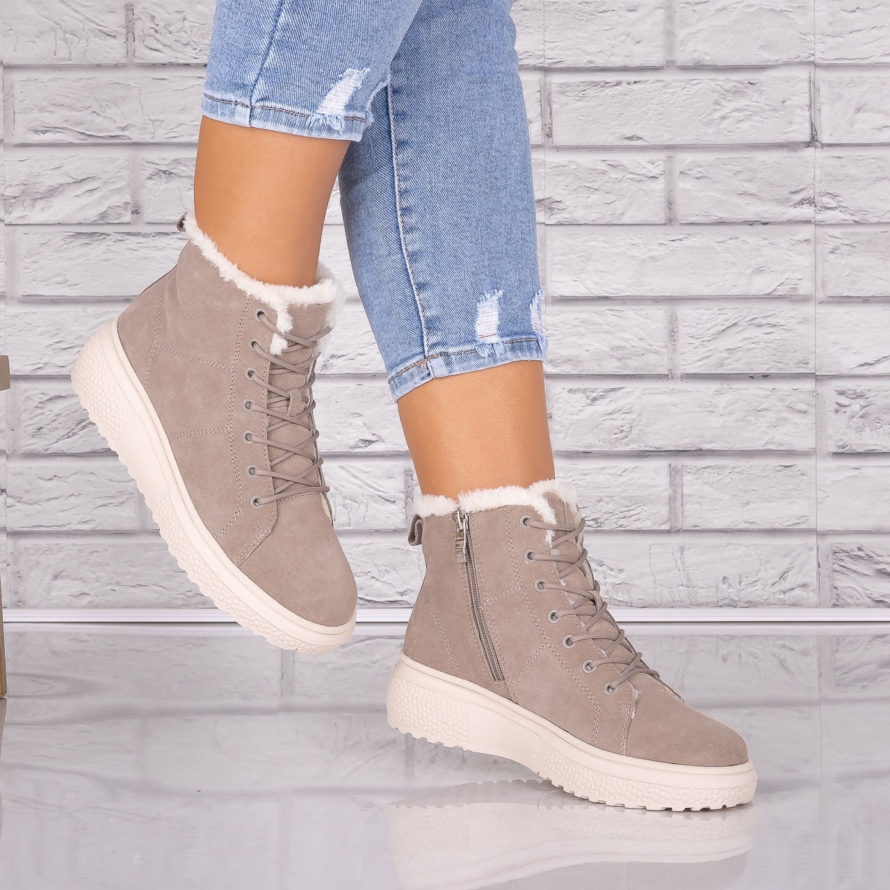 Ghete dama Imblanite Kaki din Piele Naturala Intoarsa Clavira - 2 | YEO