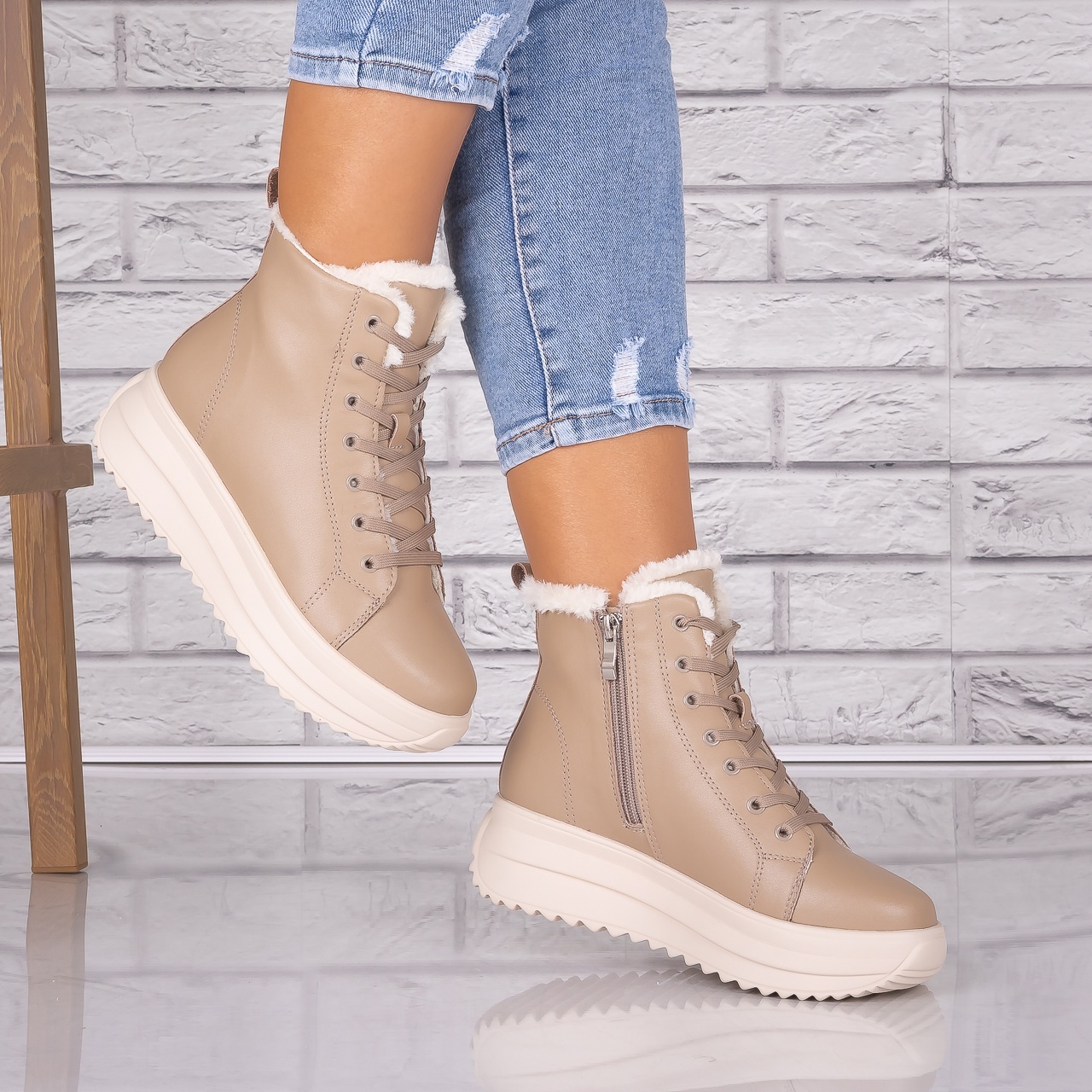Ghete dama Imblanite Kaki din Piele Naturala Weber - 2 | YEO