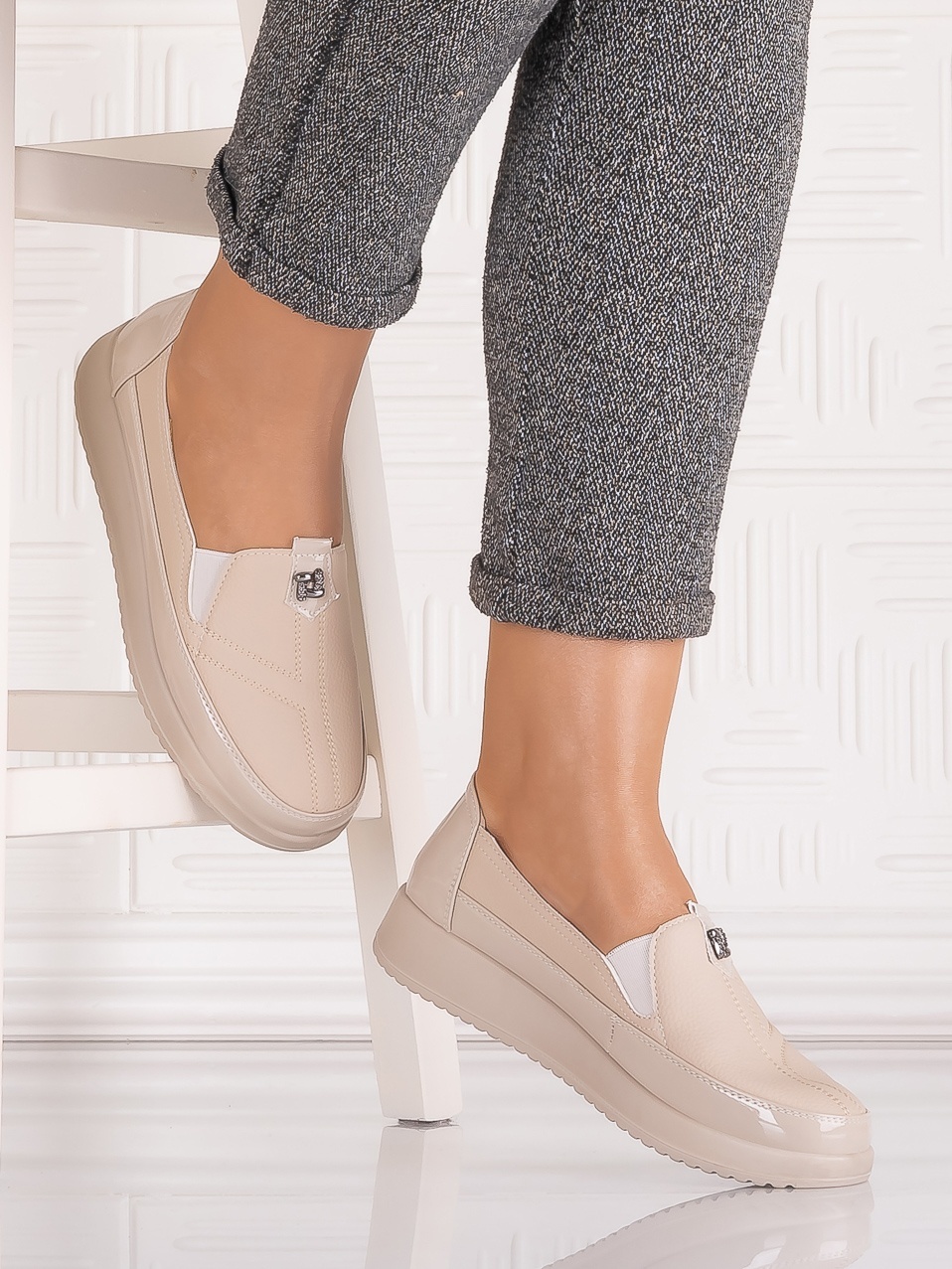 Pantofi casual Bej dama din Piele Ecologica Assia - imagine 3