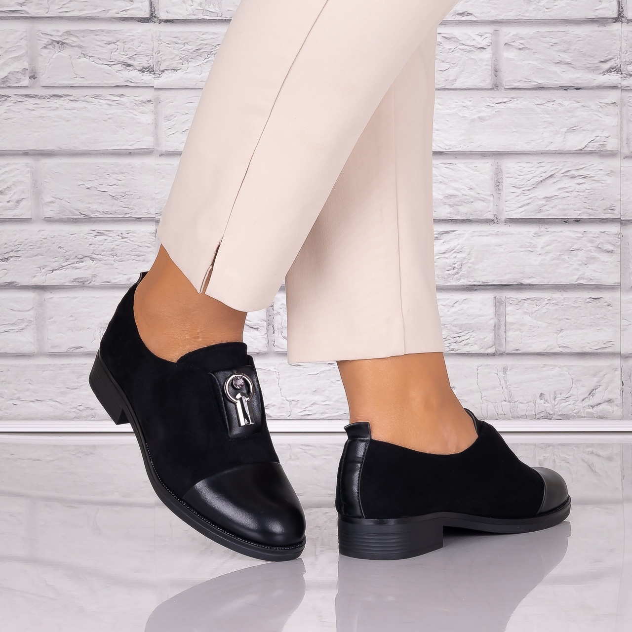 Pantofi dama casual Negri piele ecologica Intoarsa Pietrina - 2 | YEO