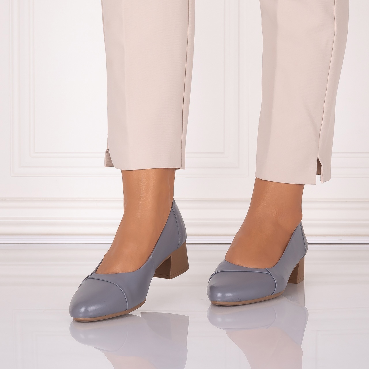 Pantofi dama cu toc Gri din Piele Naturala Rimela - 2 | YEO