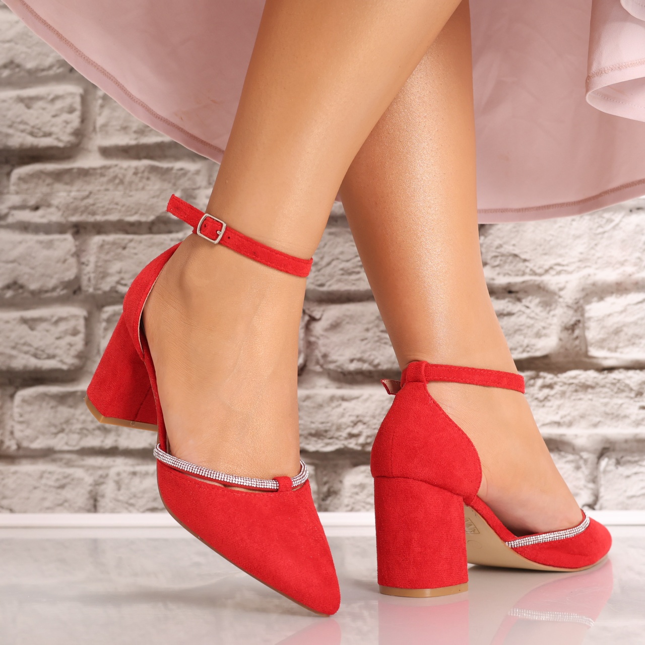 Pantofi dama cu toc Rosii din Piele Ecologica Intoarsa Glorinda - 2 | YEO