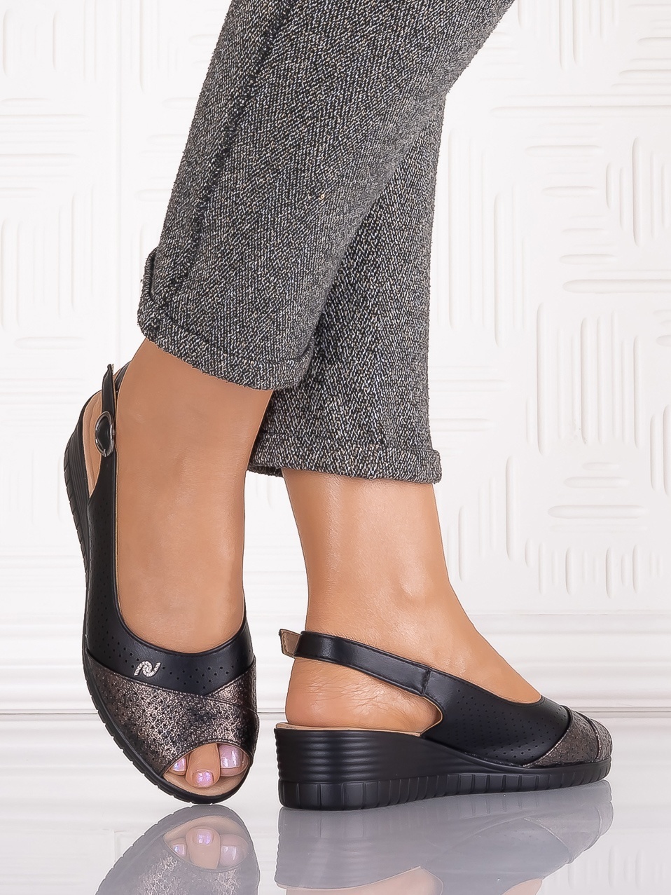 Sandale casual Negre dama din Piele Ecologica Auura - imagine 4