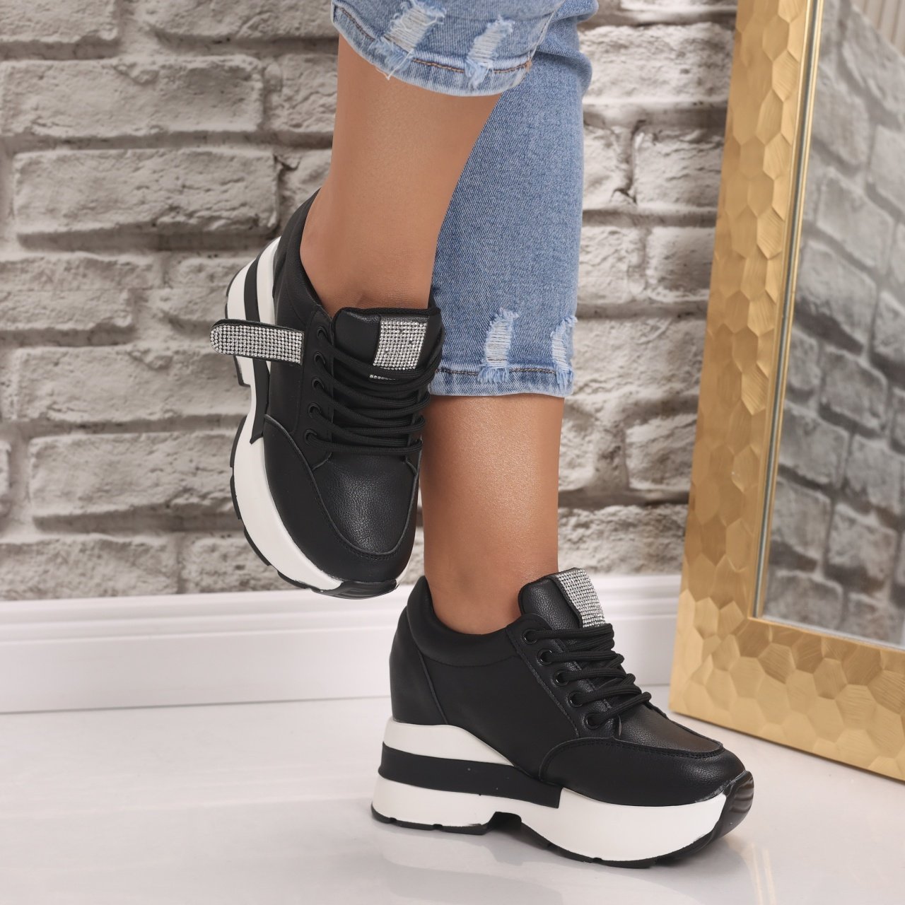 Sneakers dama cu platforma Negri din Piele Ecologica Atola - 3 | YEO