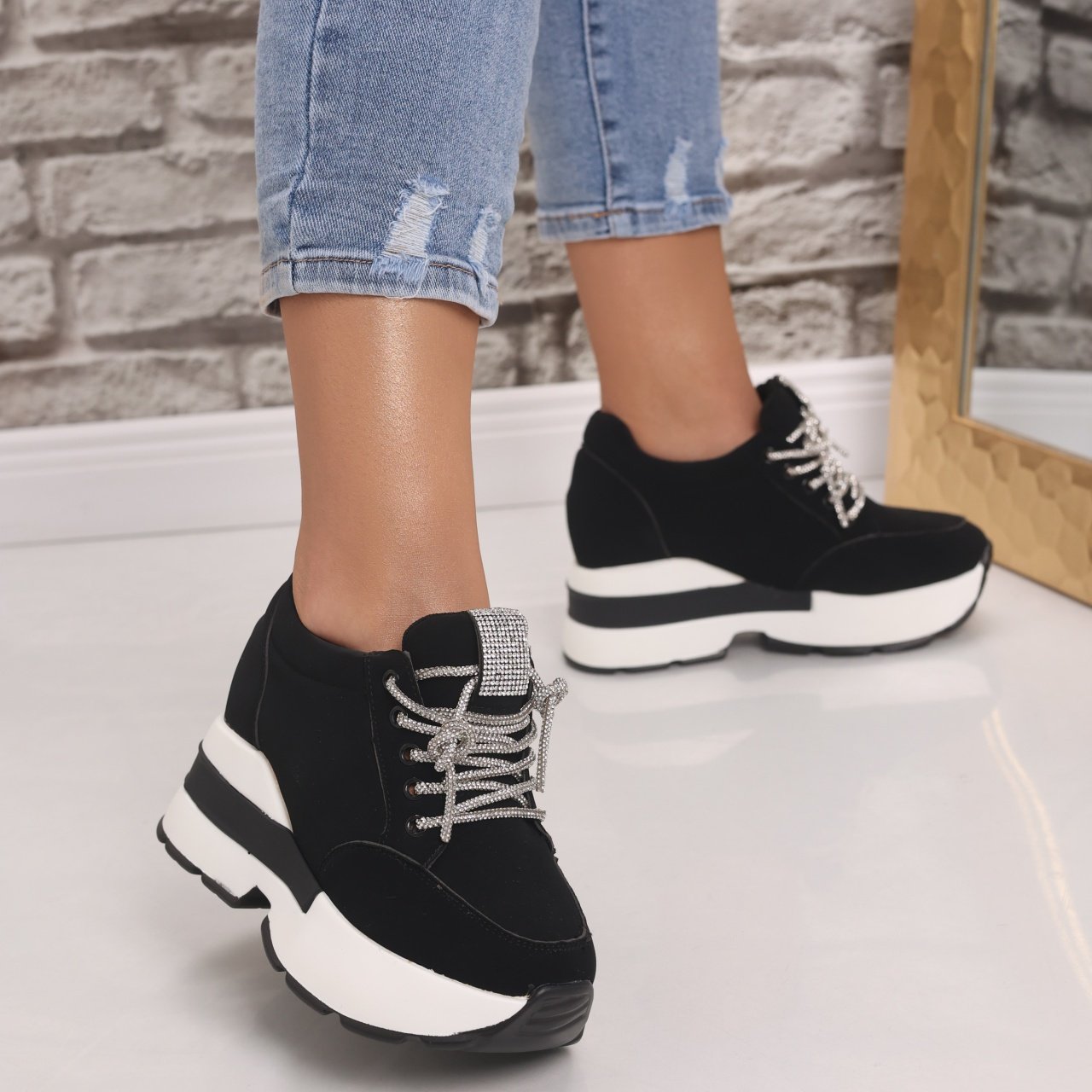 Sneakers dama cu platforma Negri din Piele Ecologica Intoarsa Norota