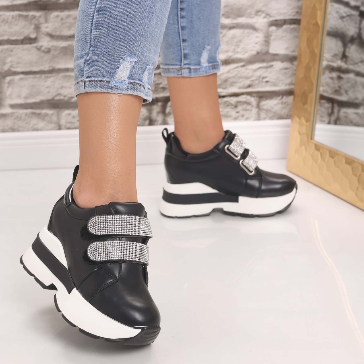 Sneakers dama cu platforma Negri din Piele Ecologica Vinita - 2 | YEO