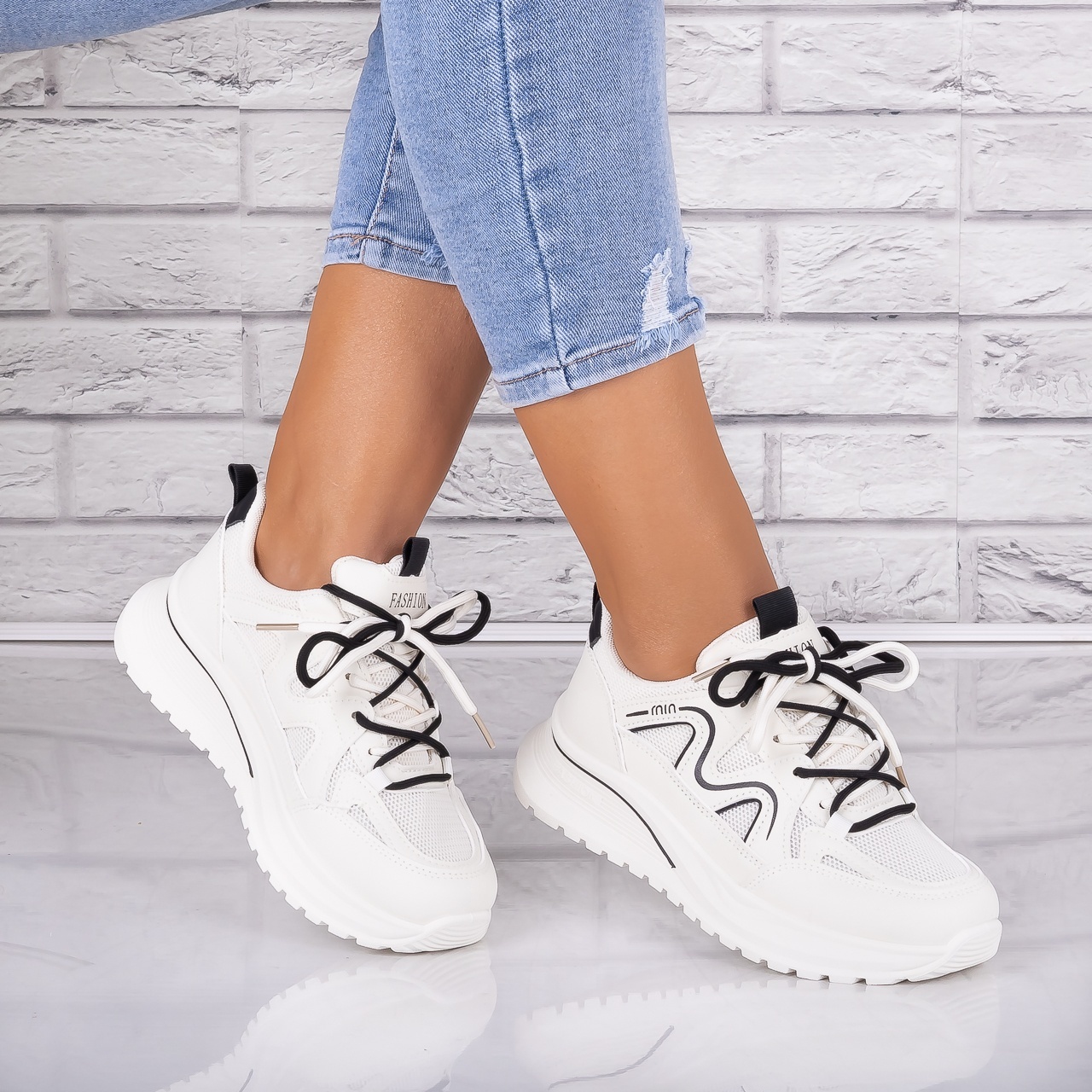 Adidasi dama Bej/negru din Piele Eco/ Textil Avena - 2 | YEO