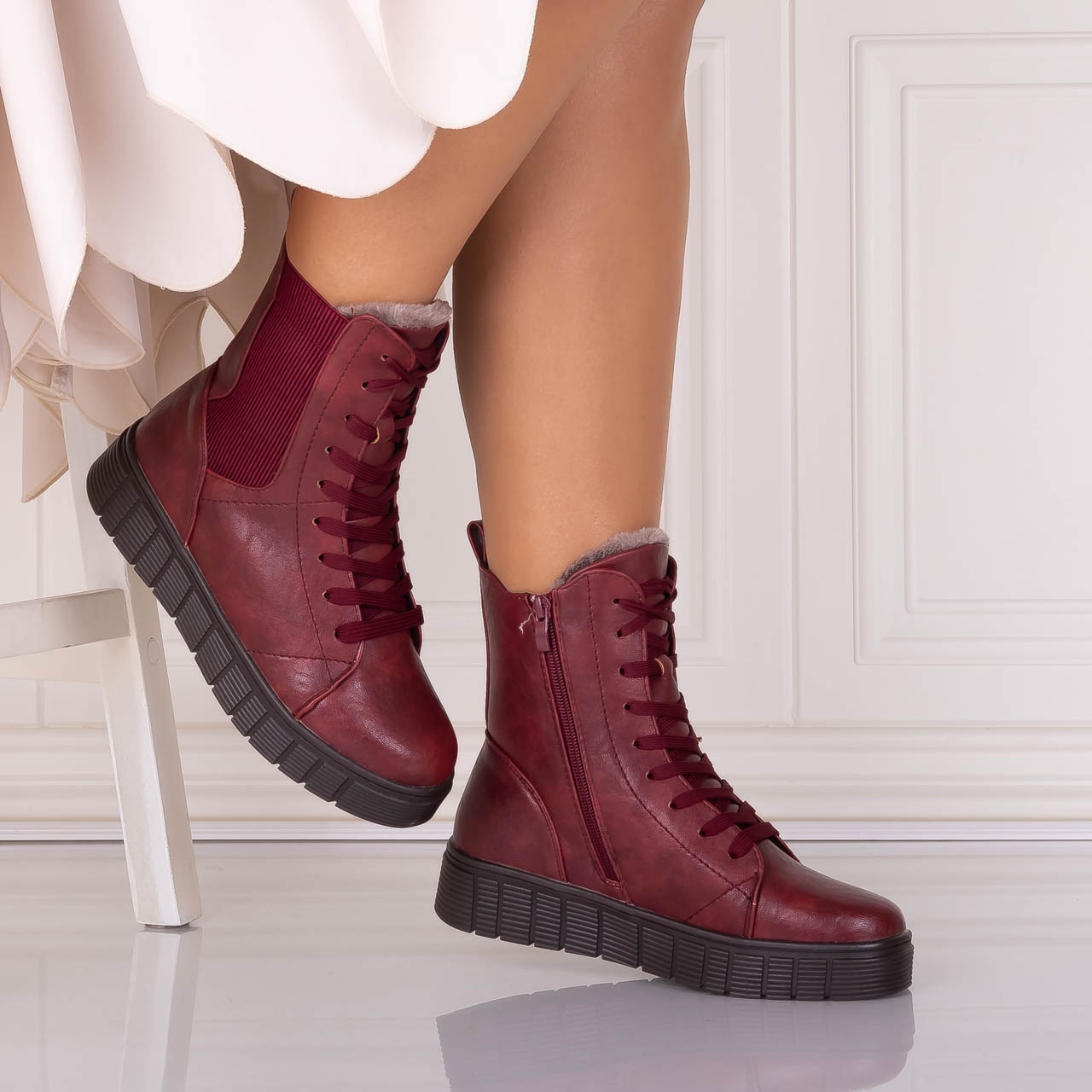 Ghete Dama Imblanite Bordo din Piele Ecologica Jameria - 1 | YEO