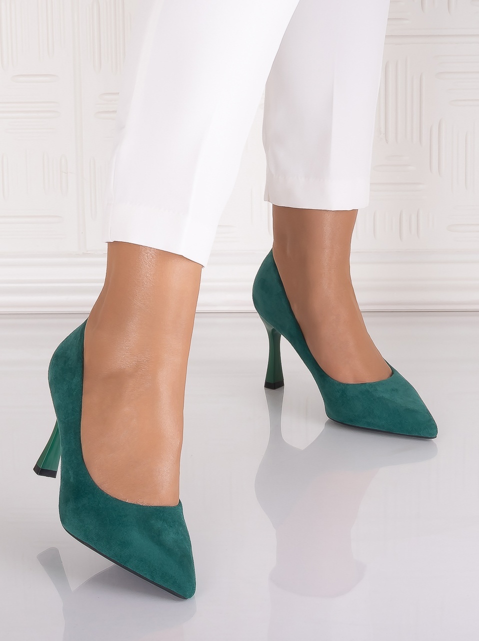 Pantofi dama cu toc Verzi din Piele Ecologica Intoarsa Oansa - imagine 6