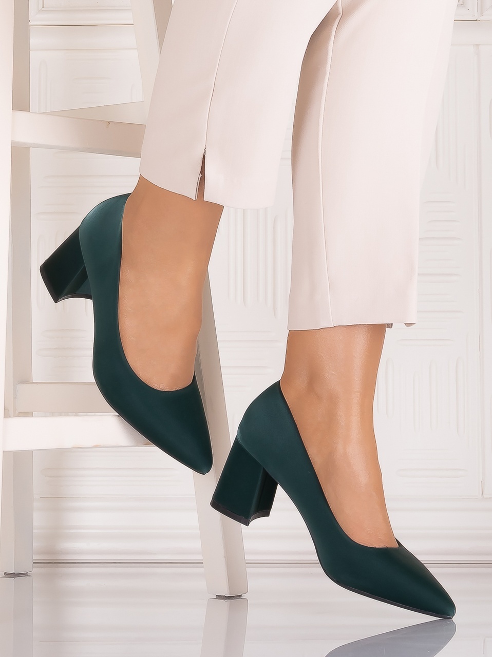 Pantofi dama cu toc Verzi din Piele Ecologica Satinata Arriba - imagine 3