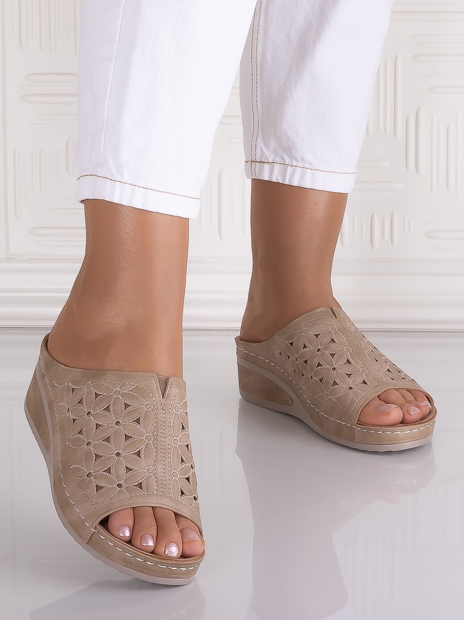 Papuci damă Kaki din piele ecologică Alonura - imagine 4