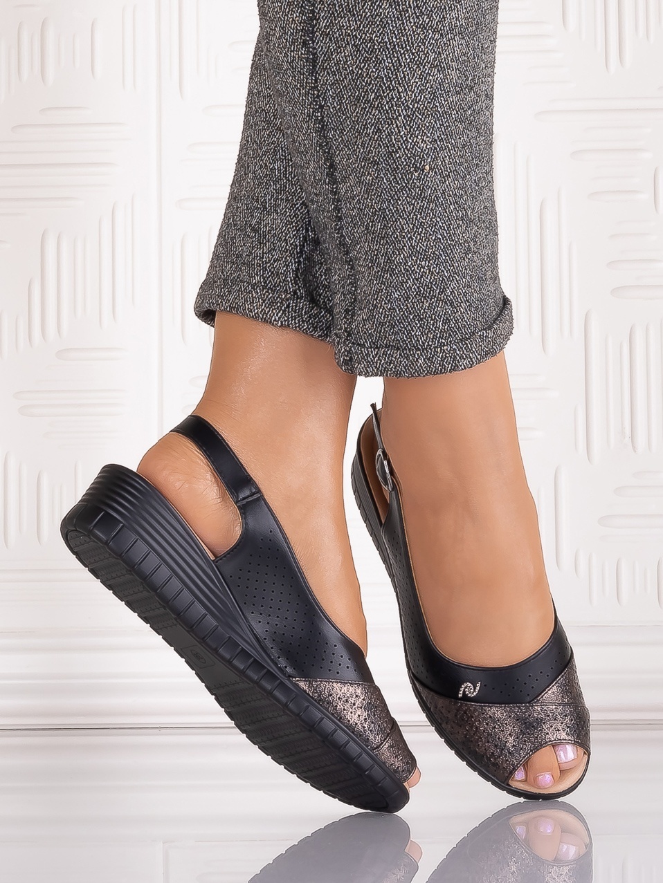 Sandale casual Negre dama din Piele Ecologica Auura - imagine 2