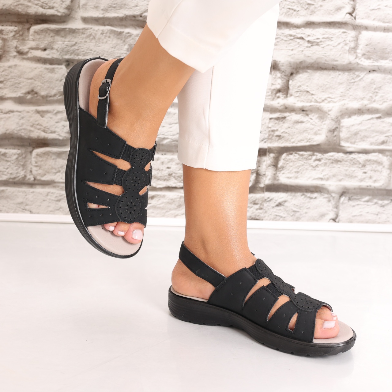 Sandale dama fara toc Negre din Piele Ecologica Aranol - 2 | YEO