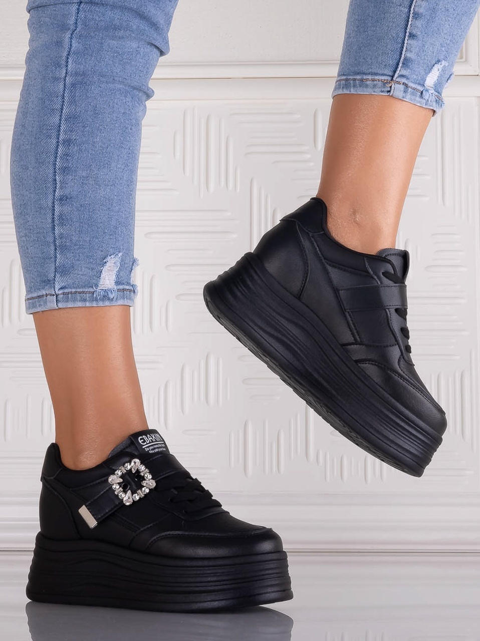 Sneakers dama cu platforma Negri din Piele Ecologica Alorna - imagine 4