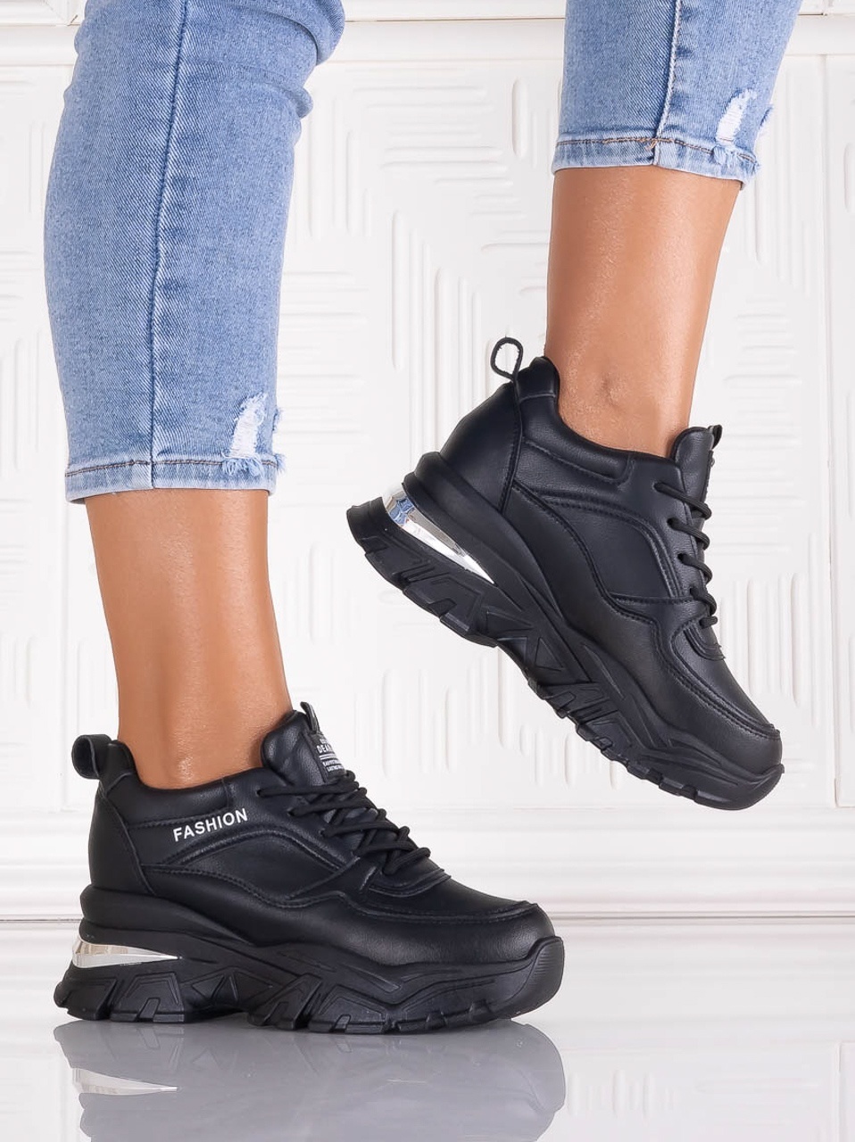 Sneakers dama cu platforma Negri din Piele Ecologica Ninera - imagine 5