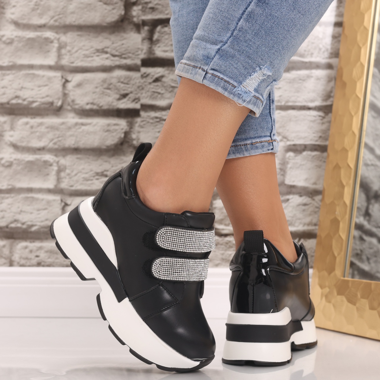 Sneakers dama cu platforma Negri din Piele Ecologica Vinita - 3 | YEO