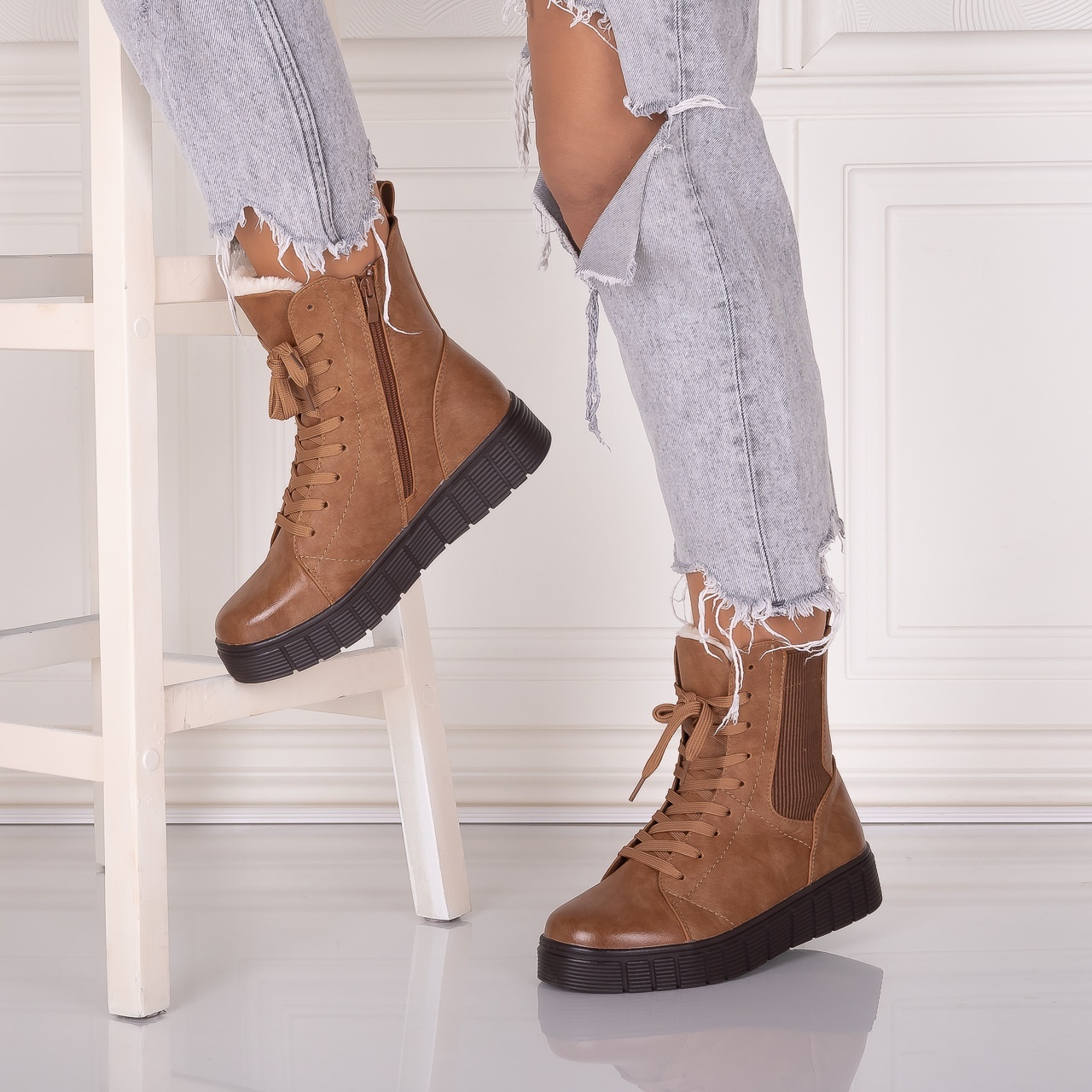 Ghete Dama Imblanite Camel din Piele Ecologica Jameria - 1 | YEO