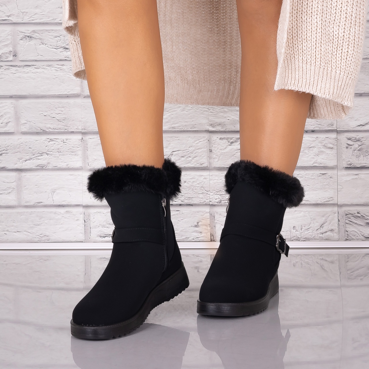 Ghete Dama Imblanite Negre din Piele Ecologica Intoarsa Eneola - 3 | YEO