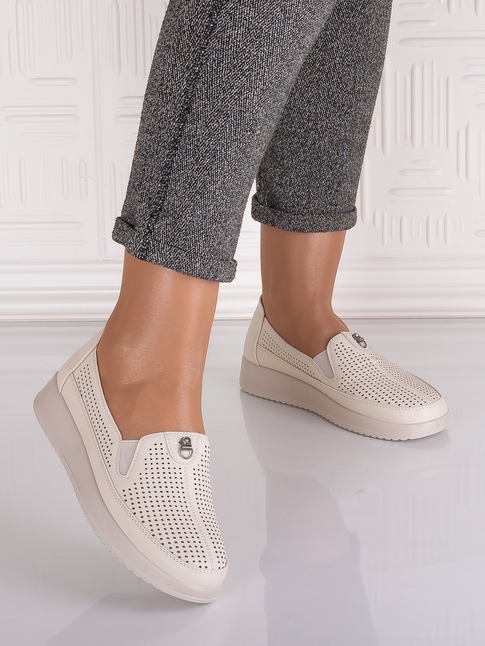 Pantofi casual Bej dama din Piele Ecologica Romason - imagine 5