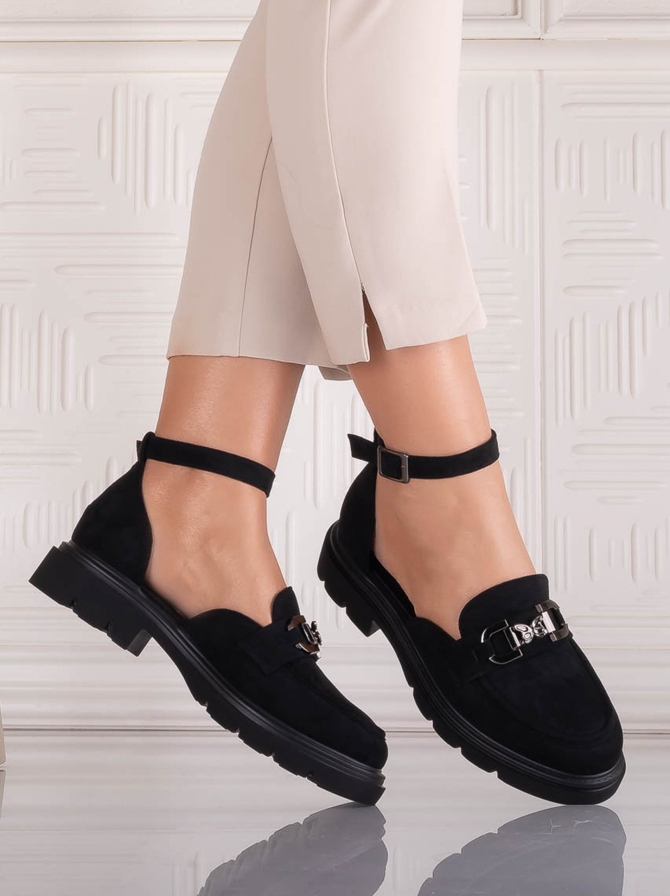 Pantofi dama casual Negri din Piele Ecologica Intoarsa Adiria - CAROLIE - imagine 3