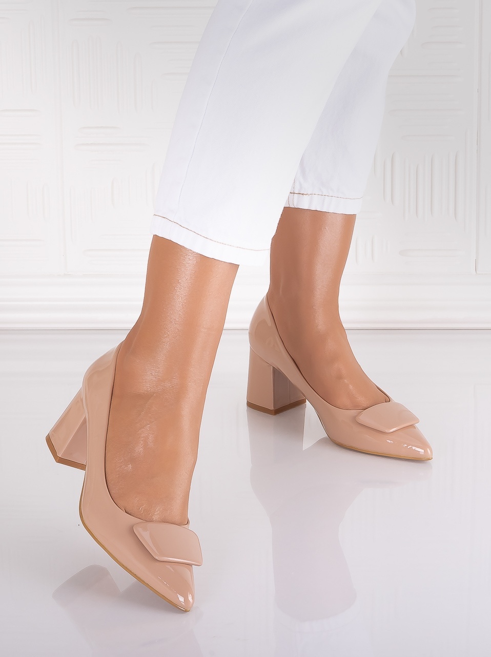 Pantofi dama Nude din Piele Ecologica lacuita Tarava - imagine 5