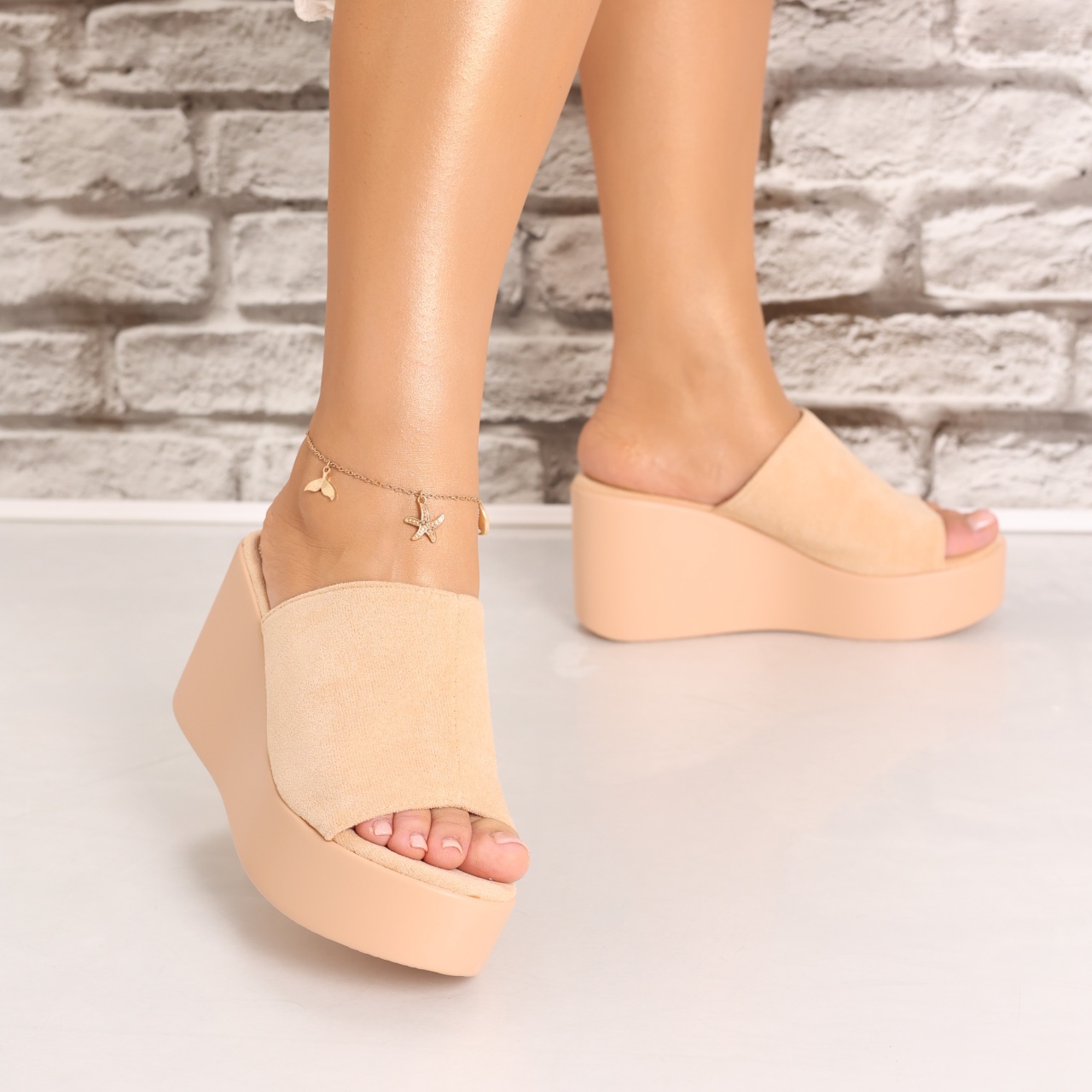 Papuci dama cu platforma Bej din Piele Ecologica Intoarsa Acalva - 2 | YEO