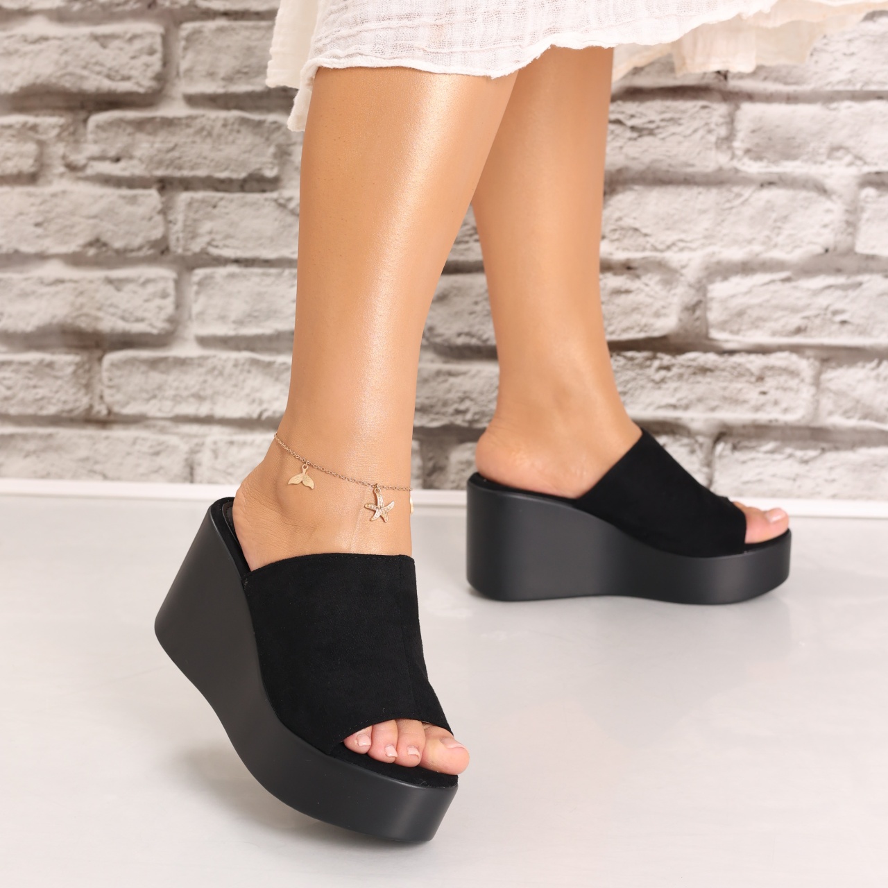 Papuci dama cu platforma Negri din Piele Ecologica Intoarsa Acalva - 3 | YEO