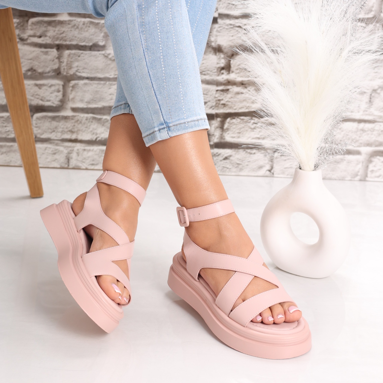 Sandale dama cu platforma Roz din Piele Ecologica Casica - 1 | YEO