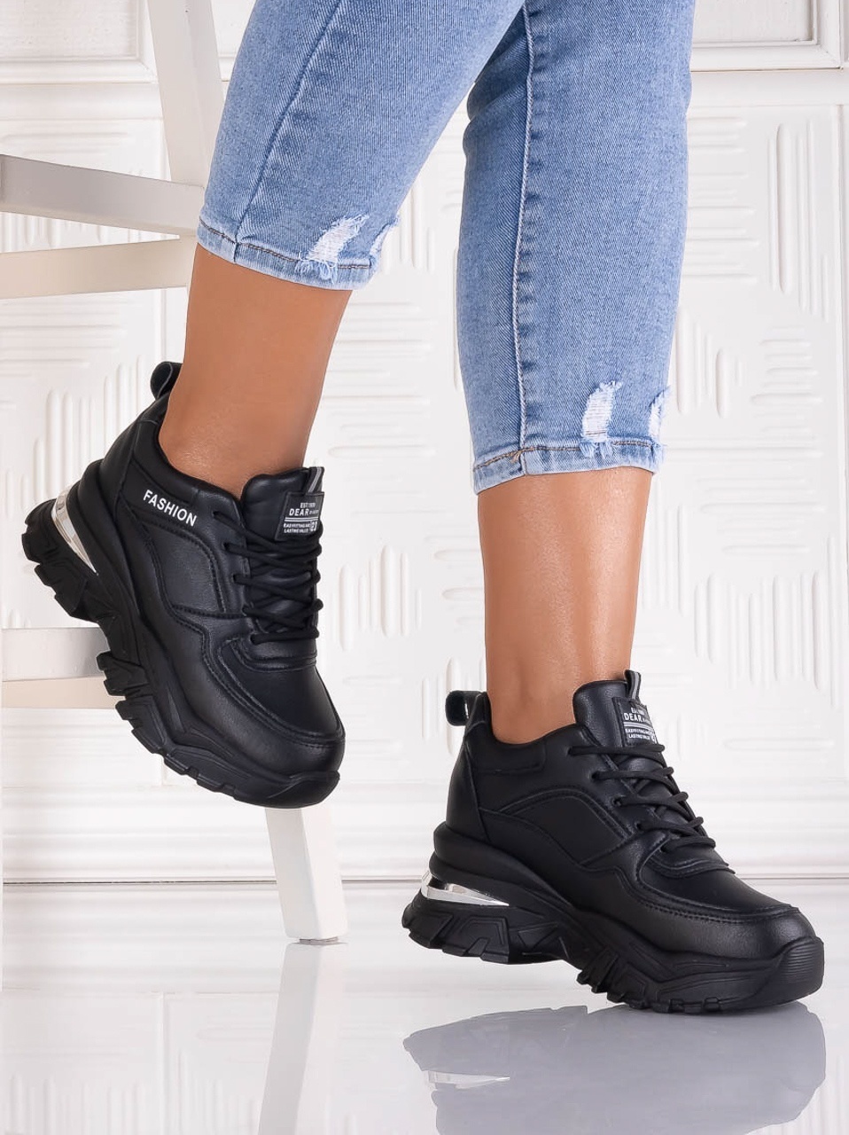 Sneakers dama cu platforma Negri din Piele Ecologica Ninera - imagine 2