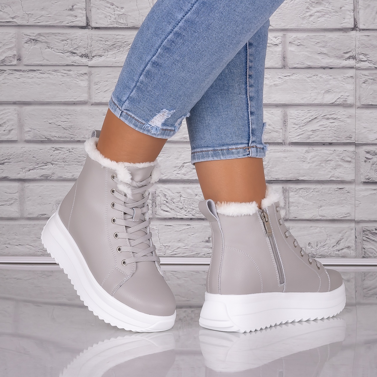 Ghete dama Imblanite Gri din Piele Naturala Weber - 2 | YEO
