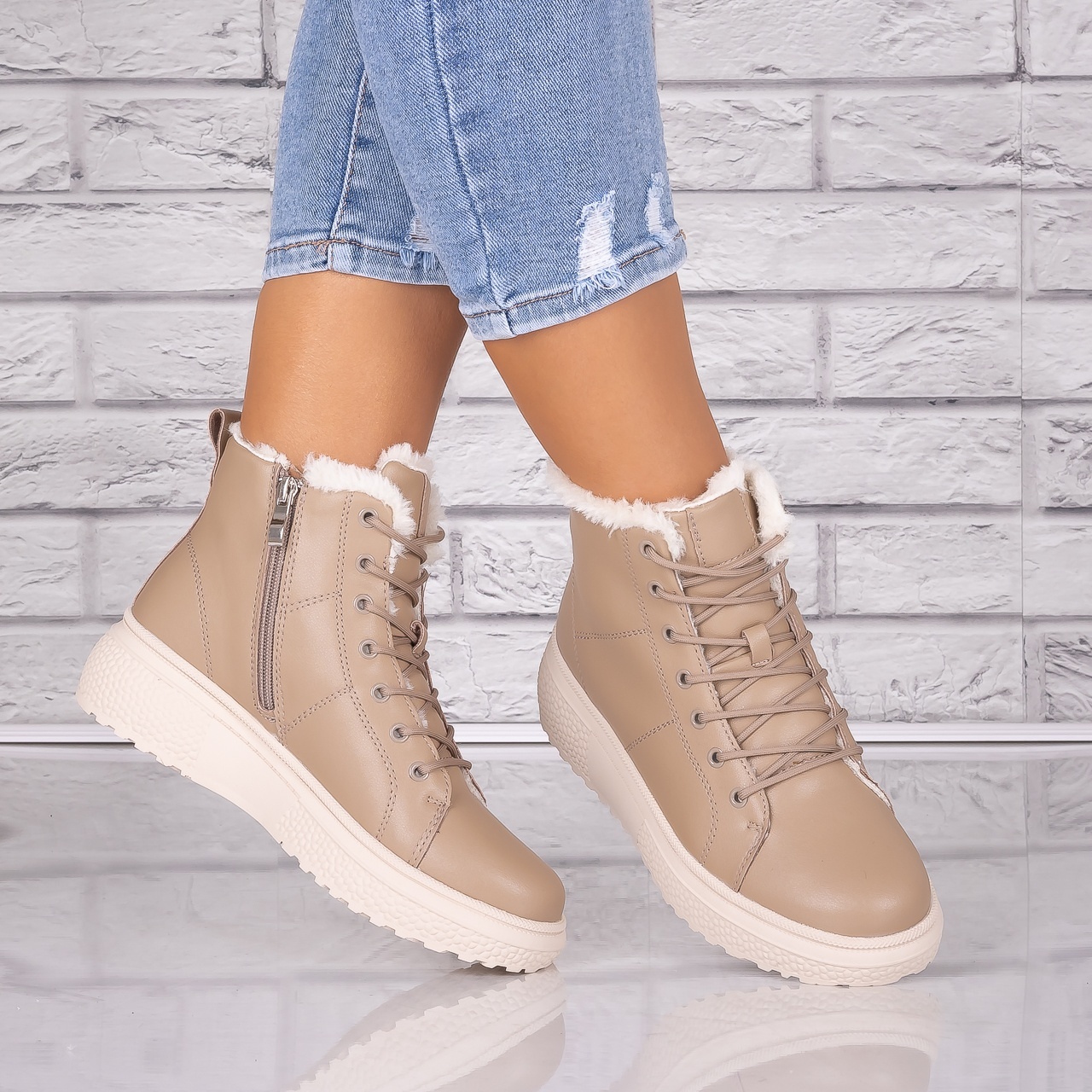 Ghete dama Imblanite Kaki din Piele Naturala Clavira - 2 | YEO