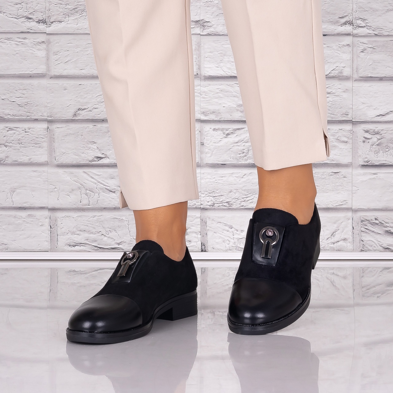 Pantofi dama casual Negri piele ecologica Intoarsa Pietrina - 3 | YEO