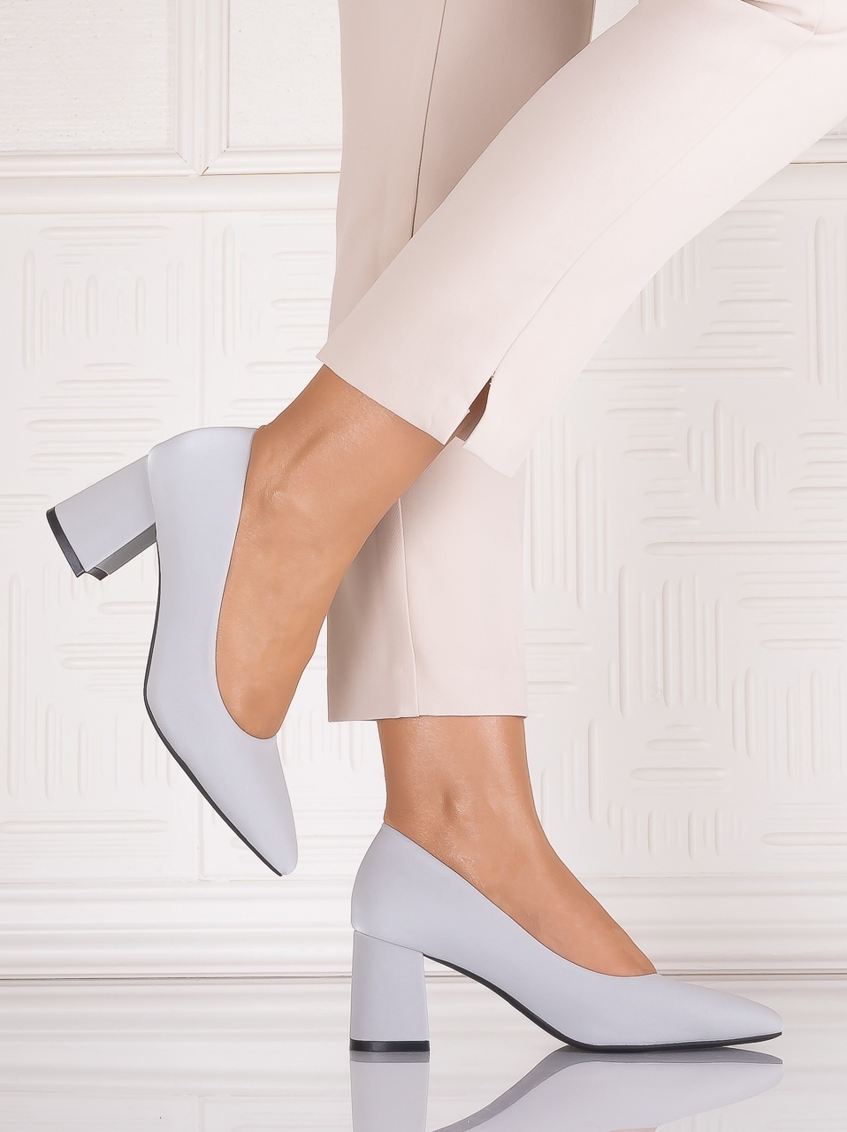 Pantofi dama cu toc Gri din Piele Ecologica Satinata Arriba - imagine 4